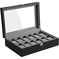 SONGMICS Caja de Relojes con 12 Compartimientos- Estuche de Madera para Relojes- Tapa de Vidrio- Almohadillas Extraíbles…